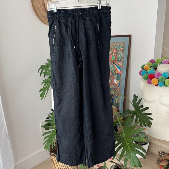 Athleta Cabo Linen Wide Leg Pants Black Drawstring 8 - Picture 2 of 13